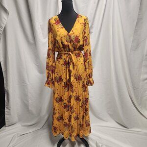 Buffalo David Bitton Mustard Yellow Floral Long Sleeve Midi Dress – Size S